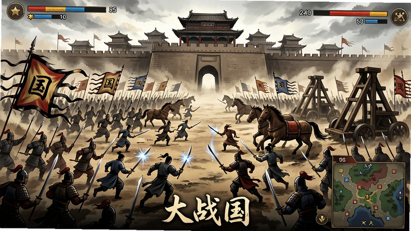 主体为「大战国」国战场景,画面展示两军对垒的宏大战场,上方有城池,下方有大量士兵和玩家角色冲锋,UI显示双方兵力条和战场小地图,风格为水墨写实,色彩浓烈,细节包括战旗、刀光剑影和攻城器械,画质高清,干净无多余元素,图片底部有「大战国」字样