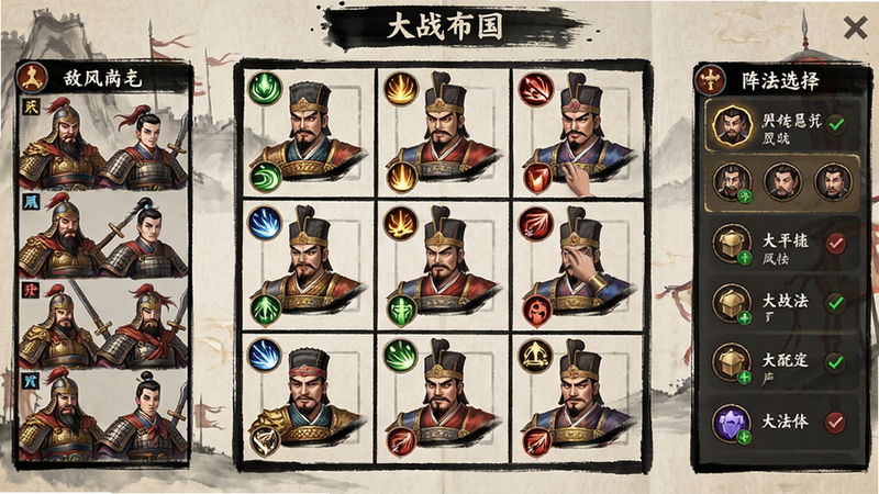 主体为「大战国」战斗布阵界面,画面展示一个九宫格棋盘,玩家正在拖动武将头像到各个位置,左侧有敌方阵容预览,右侧有阵法选择列表,风格为水墨国风,色彩鲜明,细节包括武将技能图标和属性克制提示,画质高清,干净无多余元素