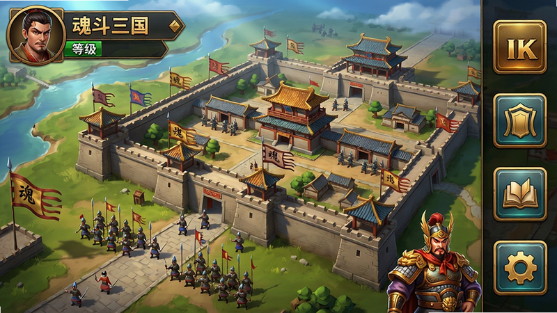 主体:魂斗三国游戏主界面展示,左上角显示玩家头像和等级,中间是宏大的三国城池地图,右侧排列着功能按钮。布局:采用经典手游竖屏布局,清晰简洁。排版:文字按钮使用金色边框,凸显三国风格。风格:写实卡通,色彩浓郁,突出三国战场的厚重感。细节:城池上有飘扬的旗帜,士兵列队行进,武将立绘精致。画质:4K超清,光影细腻,无多余元素。
