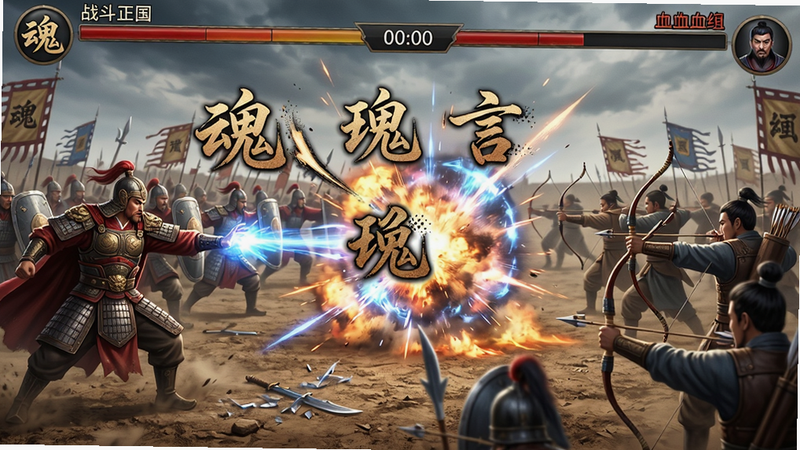 主体:魂斗三国战斗场景,双方军队在战场上对峙,己方武将站在左侧,敌方在右侧,中间是技能特效爆炸的瞬间。布局:横向宽屏战斗画面,上方显示战斗计时和双方血量。排版:技能名称以华丽书法字体弹出。风格:三国写实风格,动态特效华丽。细节:士兵举盾冲锋,弓箭手齐射,武将释放全屏大招。画质:高帧率动态,无多余元素,专注战斗。