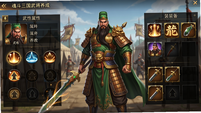 主体:魂斗三国武将养成界面,中心展示一位橙色品质武将(如关羽)的全身立绘,左侧是武将属性面板,右侧是技能升级和装备栏。布局:左右分栏,清晰展示养成元素。排版:技能图标使用发光特效,装备栏有金色边框。风格:国风写实,细节丰富,光影柔和。细节:武将铠甲纹理清晰,武器有粒子特效,背景是军营。画质:高清渲染,干净无冗余UI。