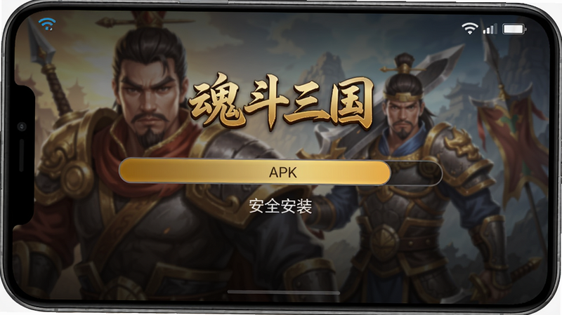 主体:魂斗三国游戏安装界面,手机屏幕上显示正在安装APK的进度条,背景是游戏宣传海报。布局:居中显示,简洁明了。排版:进度条使用金色渐变,下方有“安全安装”字样。风格:真实手机截图风格,带圆角。细节:通知栏显示WiFi图标,电池电量。画质:高清,干净,无多余元素。