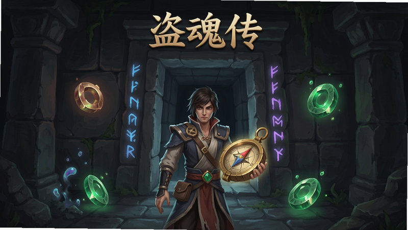 盗魂传游戏主界面,古墓探险场景,主角手持罗盘站在墓穴入口,周围有神秘符文和发光魂玉,画面风格古朴神秘,排版居中布局,细腻画质,干净无多余元素