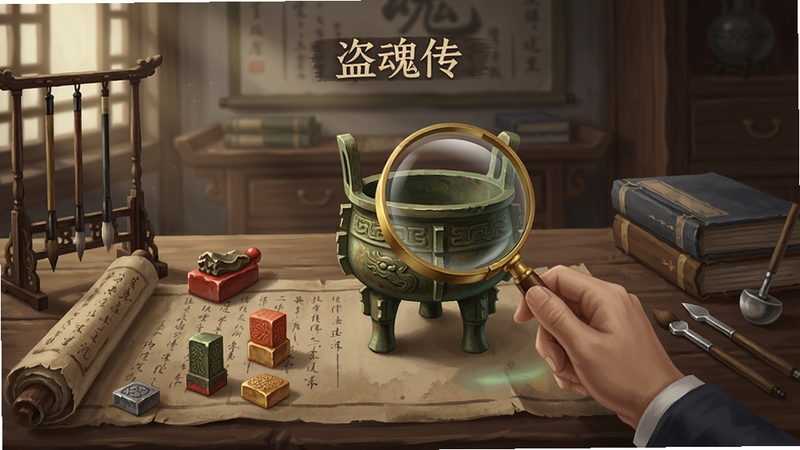 盗魂传古董鉴定界面,玩家正在使用放大镜观察一件青铜器,桌面摆放着古卷、印章和鉴定工具,背景是古色古香的书房,布局整洁,细节丰富,画质细腻