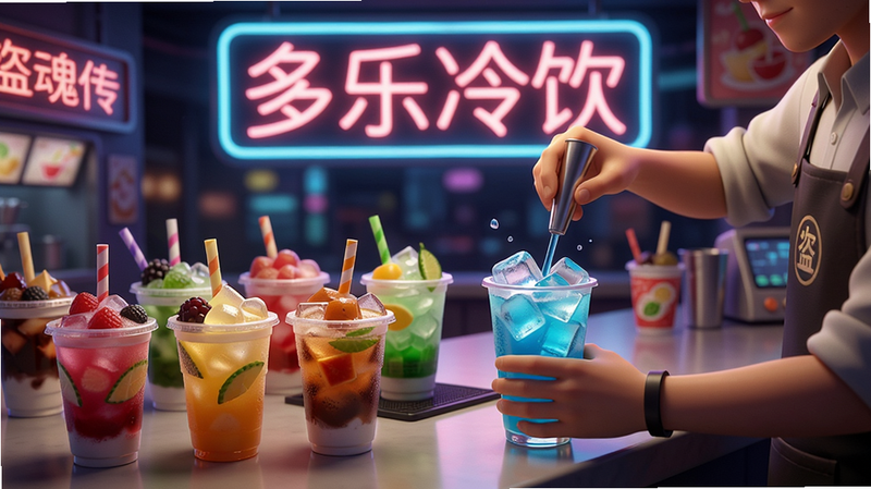 盗魂传多乐冷饮店界面,吧台上摆放着各色冷饮杯子,玩家正在调制一杯蓝色冰饮,背景有霓虹灯招牌“多乐冷饮”,色彩鲜艳,构图饱满,画质清晰
