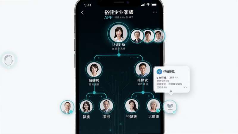 主体:裕健企业家族APP的家族树界面,布局:屏幕中央显示树状图,节点为圆形头像加姓名,连线清晰。排版:自上而下展开,可滚动。风格:简洁科技感,蓝绿色节点。细节:每个节点可点击弹出详情卡片,画质:高清,无多余元素。