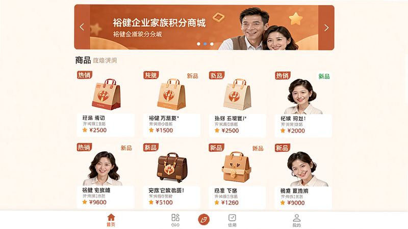 主体:裕健企业家族积分商城界面,布局:顶部轮播banner,中部商品网格排列(每行两个),每个商品有图片、名称、积分价格。排版:网格布局,间距均匀。风格:电商风格,暖色系。细节:商品标签如“热销”“新品”,底部导航栏。画质:高清,无多余元素。