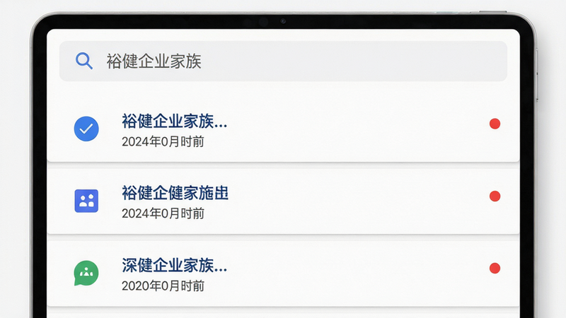 主体:裕健企业家族的通知列表界面,布局:顶部搜索框,下方列表每条通知显示标题、时间、未读标记。排版:左对齐,右侧有未读红点。风格:Material Design风格,白色背景,蓝色强调色。细节:通知条目带小图标区分类型。画质:超清,干净。