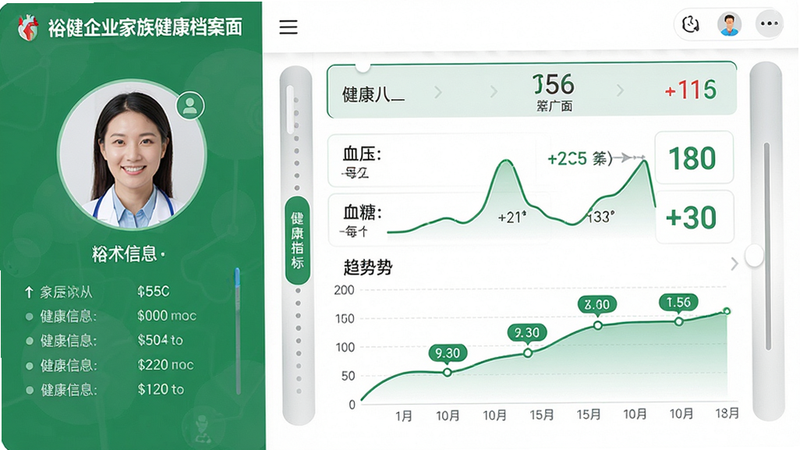 主体:裕健企业家族健康档案界面,布局:左侧为个人头像及基本信息,右侧为健康指标列表(血压、血糖等)及趋势折线图。排版:左右分栏,图表清晰。风格:医疗健康风格,绿色为主。细节:数据点标注数值,可左右滑动查看历史。画质:超清,干净。