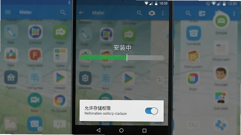 消除吧安迪安装过程示意图,手机屏幕上显示“安装中”进度条,背景为安卓系统界面,下方有“允许存储权限”弹窗,干净清晰,突出权限开关