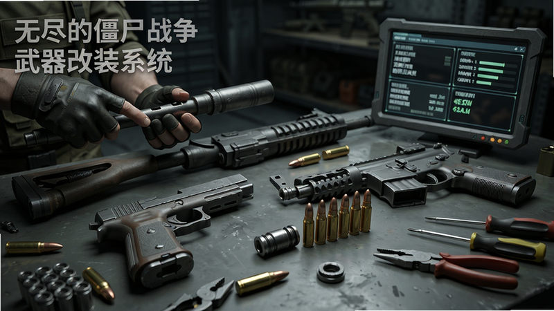 主体:一张武器改装台的特写,台面上摆放着手枪、步枪的拆解部件,旁边有电子屏幕显示改装参数。布局:改装台占画面三分之二,左上角有角色手部正在安装消音器,背景是昏暗的军械库。排版:屏幕左上角显示“无尽的僵尸战争 武器改装系统”半透明字。风格:近景写实工业风,金属质感清晰。细节:零件上的螺纹和刻度,一颗颗子弹排列整齐,工具钳和螺丝刀散落。画质:4K,景深效果,干净无杂物。