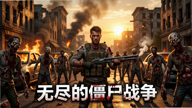 主体:一名全副武装的幸存者站在废弃街道中央,周围燃烧的汽车和倒塌的建筑,前方大量僵尸逼近。布局:幸存者居中偏下,僵尸从画面左侧和右侧呈包围状,远处有浓烟和残阳。排版:画面底部居中放置游戏LOGO“无尽的僵尸战争”白色粗体带血色纹理。风格:写实末日风格,高对比度暖色调,细节:幸存者手持霰弹枪,枪口冒烟,衣服有破损和血迹,僵尸各具不同腐烂特征,有断肢和破腹。画质:4K超清,光线追踪效果,干净无多余UI元素。
