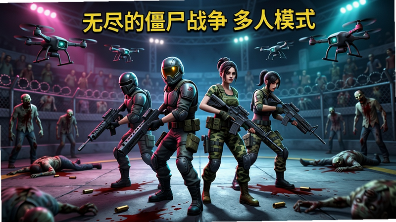 主体:四个角色背靠背站在环形竞技场中央,四周是铁丝网和僵尸尸体,远处有观众看台。布局:四人呈圆形站位,各自持有不同武器,地面有血迹和弹壳,空中飞舞着无人机。排版:画面顶部中央显示“无尽的僵尸战争 多人模式”黄色字体。风格:赛博朋克混搭末日,霓虹灯光照射。细节:角色装备差异明显,有头盔、护甲、迷彩服,无人机带有摄像头。画质:8K,动态模糊效果,干净整洁。
