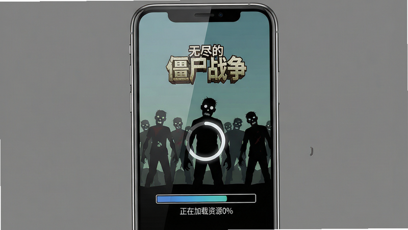 主体:手机竖屏显示游戏加载界面,背景是丧尸群剪影,中间有旋转的圆形读条。布局:手机居中,屏幕内容清晰可见,周围纯色背景。排版:屏幕上方显示“无尽的僵尸战争”LOGO,下方进度条标注“正在加载资源0%”。风格:扁平化UI风格,模拟真实手机截图。细节:手机边框为金属色,屏幕有反光效果。画质:1080P,干净无多余元素。