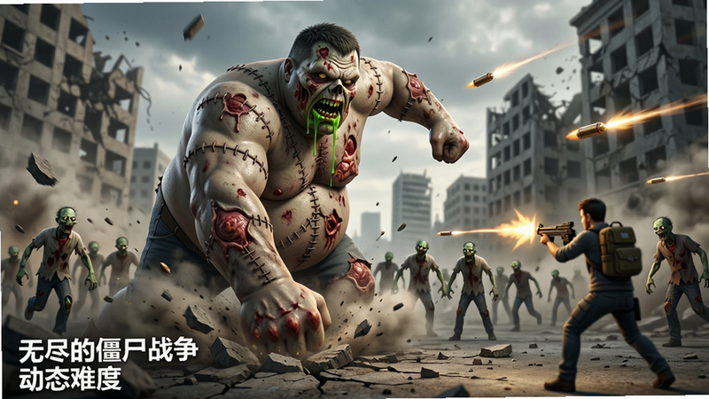 主体:一个巨型僵尸(胖子)挥拳砸向地面,周围有数十只普通僵尸奔跑,背景是倒塌的大楼。布局:巨型僵尸处于画面中央偏左,右侧是一个玩家角色向它射击,扬起的灰尘和碎石充满画面。排版:画面左下角显示“无尽的僵尸战争 动态难度”白色小字。风格:电影级史诗镜头,广角透视。细节:巨型僵尸身上有缝合线和腐烂肉块,嘴部流出绿色黏液,玩家子弹轨迹可见。画质:8K,HDR光影,干净无多余元素。