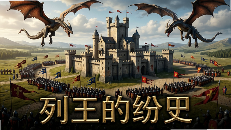 一幅壮阔的中世纪战争场景俯瞰图,中央是宏伟的城堡,周围有数不清的士兵方阵和战旗,天空有巨龙盘旋,画面下方有游戏标题“列王的纷争”金色大字,整体风格写实且富有史诗感,色彩浓郁,光影真实,4K超清分辨率,干净整洁无多余元素