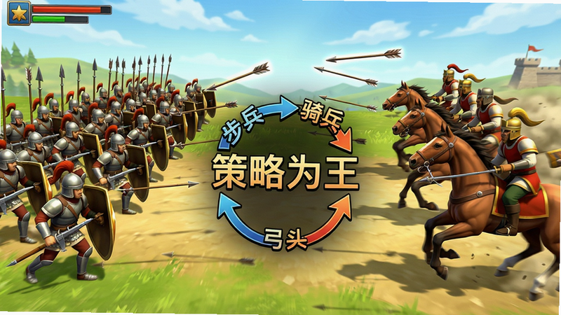 两军对战的动态截图,左侧步兵方阵,右侧骑兵冲锋,中间箭矢飞射,画面中心有兵种克制关系图(步兵->骑兵->弓兵->步兵),文字“策略为王”,色彩明亮,动作感强,游戏实机画面,干净无多余元素