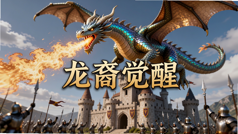 巨龙翱翔于城堡之上的场景,龙身鳞片闪闪发光,龙口中喷射出火焰,城堡下方有士兵欢呼,画面中央浮现“龙裔觉醒”字样,光影特效华丽,游戏内截图像素级别,4K分辨率,干净无多余元素