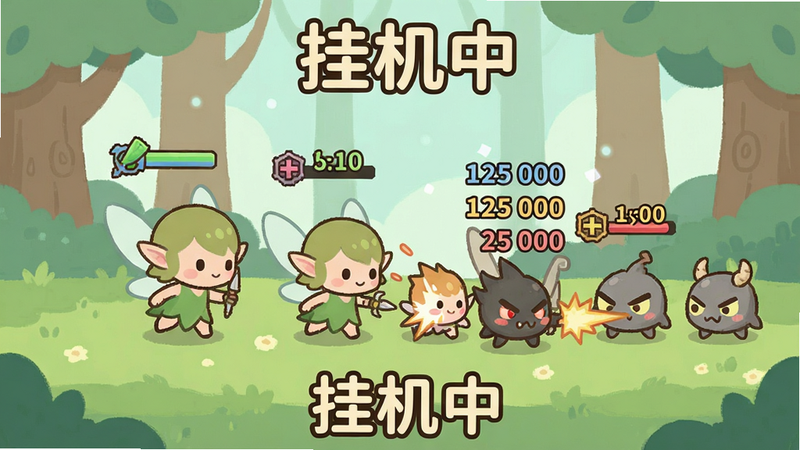 精灵宝贝挂机战斗场景,精灵自动攻击敌人,画面简约,带战斗数值飘动,画风可爱,无多余元素,带文字