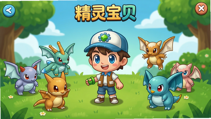 精灵宝贝游戏主界面,Q版卡通风格,色彩明亮,一个训练师站在草地上,周围有各种精灵,界面简洁,画质干净,无多余元素,带文字