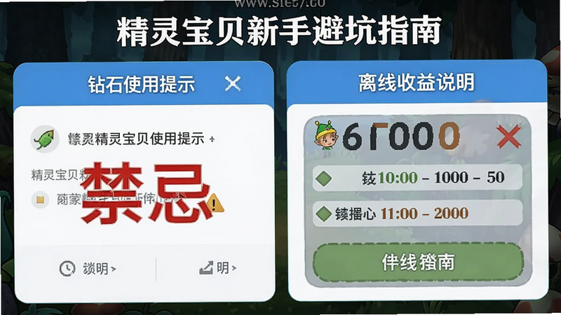 精灵宝贝新手避坑指南截图,展示钻石使用提示和离线收益说明,排版清晰,带文字