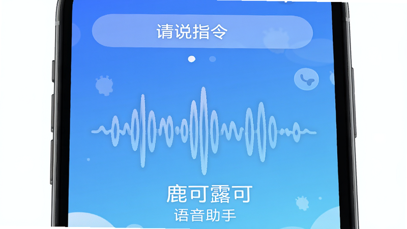 鹿可露可语音助手界面,手机屏幕显示语音波形动画,顶部有“请说指令”提示,背景为渐变蓝色,风格圆润,画质细腻,无多余元素,文字标注“鹿可露可”和“语音助手”