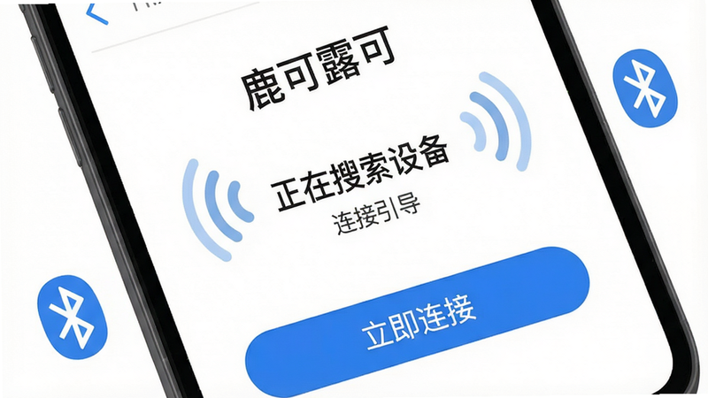 鹿可露可App连接界面特写,手机屏幕显示“正在搜索设备”,底部有“立即连接”按钮,周围有蓝牙图标和信号波纹,风格简洁扁平,背景为纯白色,画质清晰,无多余元素,文字标注“鹿可露可”和“连接引导”