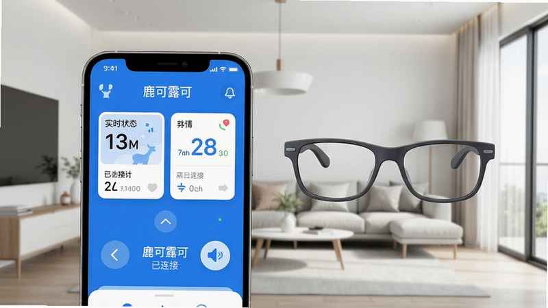 鹿可露可App主界面展示,手机屏幕与智能眼镜配对连接状态,背景为现代简约家居风格,界面包含实时数据卡片、导航箭头和语音图标,色彩以蓝白为主,高清画质,画面干净无多余元素,文字标注“鹿可露可”和“已连接”