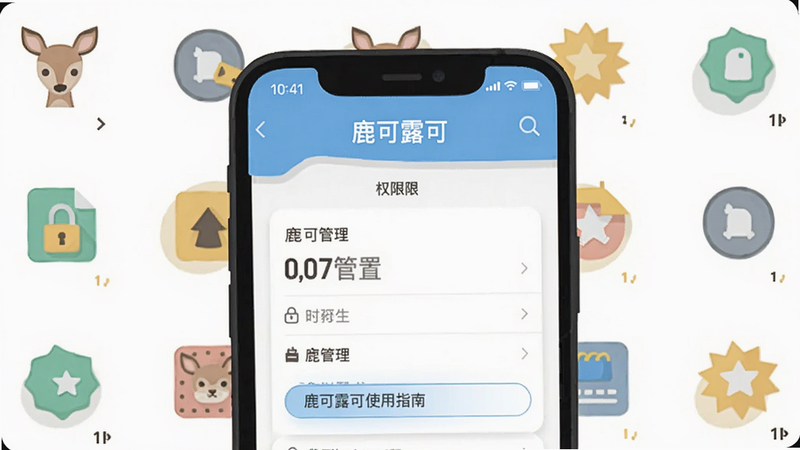 鹿可露可使用指南示意图,手机屏幕显示权限设置界面,背景为散落的小工具图标,风格扁平化,文字标注“权限管理”和“鹿可露可”,画质干净,无多余元素