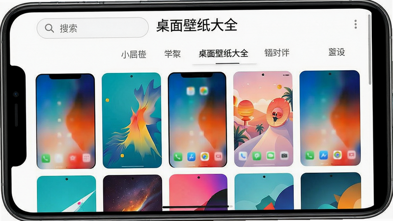 一张智能手机屏幕展示桌面壁纸大全应用的主界面,上方有搜索栏和分类标签,下方网格排列着多张精美壁纸预览图,风格为现代扁平化UI设计,色彩鲜艳明亮,画质高清,干净无多余元素,