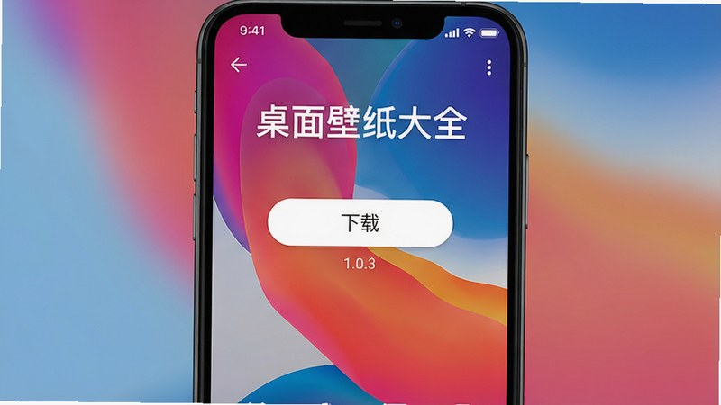 一张手机屏幕截图,展示桌面壁纸大全的下载页面,背景是一张动态渐变壁纸,页面中央有“下载”按钮和版本号“1.0.3”,整体风格现代,画质清晰,干净无多余元素,
