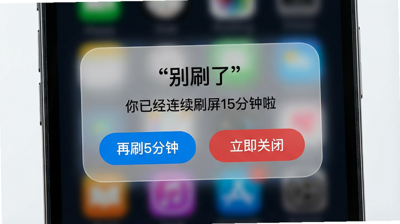 一张手机屏幕特写,主体为「别刷了」的弹窗提醒界面,布局居中,弹窗背景为半透明毛玻璃效果,内有一行文字“你已经连续刷屏15分钟啦”,下方两个按钮“再刷5分钟”(蓝色)和“立即关闭”(红色),按钮带有圆角设计;整体风格现代轻拟物,细节上弹窗边缘有微弱光晕,画质清晰,干净无多余元素。