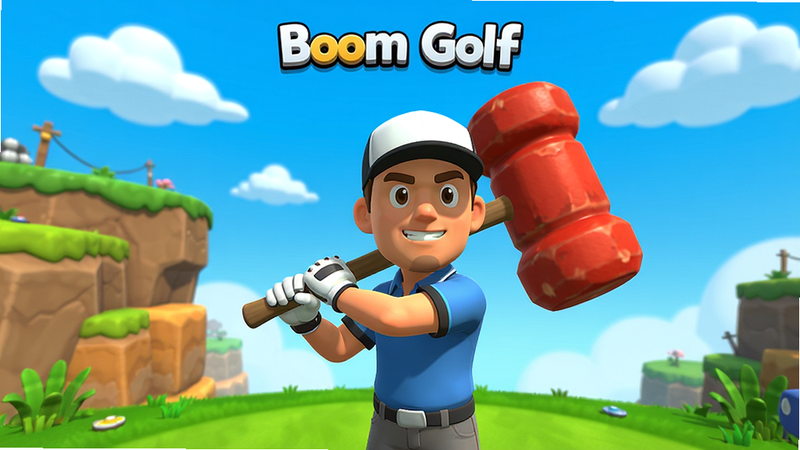 这是一张《Boom Golf》游戏主界面预览图,画面中心是一位卡通风格的高尔夫球手,手持一把巨大的红色锤子,背景是色彩鲜艳的悬崖与草地,天空中飘着几朵白云,UI简洁干净,画质清晰,无多余元素,文字标注“Boom Golf”。