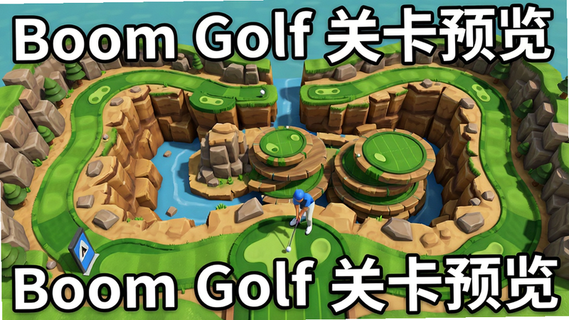 《Boom Golf》关卡场景俯瞰图,展示蜿蜒曲折的赛道,中间有多个断层和旋转平台,高尔夫球手站在起点,前方是绿色草皮与岩石混搭的地形,画面明亮,布局规整,文字标注“Boom Golf 关卡预览”。