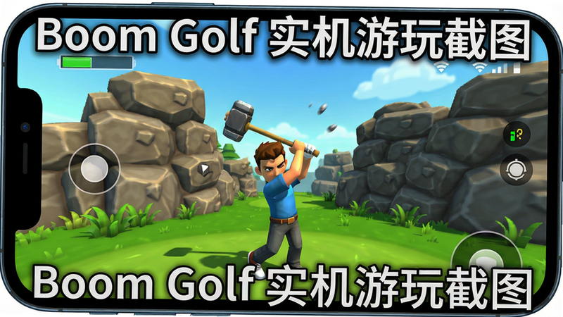 手机屏幕上显示《Boom Golf》游戏运行中的画面,角色正在挥锤,周围是岩石和草地,界面显示电池和信号状态,画质清晰,无多余元素,文字标注“Boom Golf 实机游玩截图”。