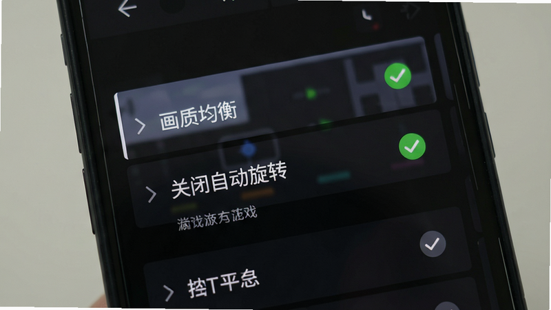 主体:手机屏幕显示游戏设置界面,布局:居中,显示“画质均衡”、“关闭自动旋转”等选项;风格:UI扁平,暗色主题,白色文字;细节:选项高亮,有绿色对勾标记;画质:清晰,无多余元素。