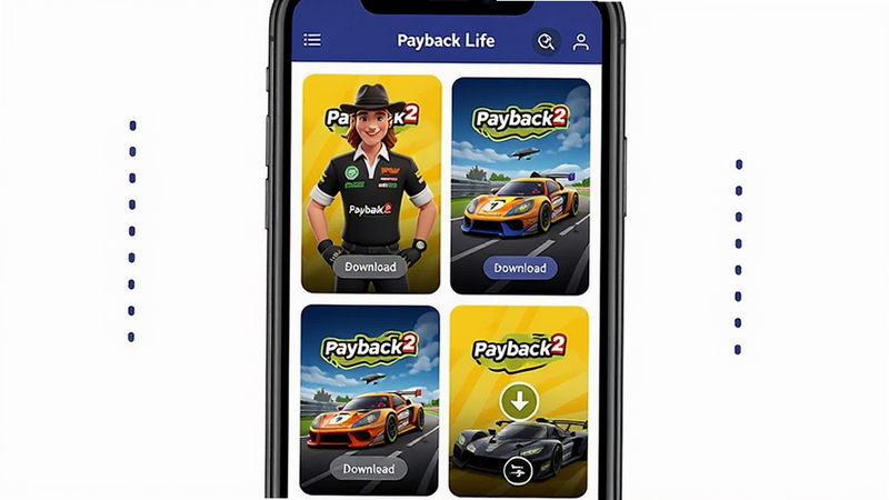 一张展示Payback Life应用主界面的手机截图,主体为手机屏幕居中,布局采用网格形式显示多张Payback2主题壁纸缩略图,包含角色和赛车,风格鲜艳明快,细节有下载按钮和预览功能,画质清晰干净,无明显多余元素