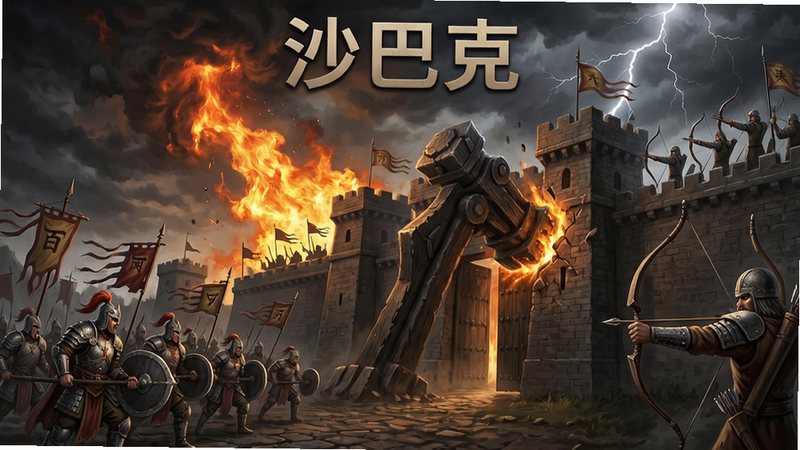 百战无双沙巴克攻城战场景,画面左侧是攻城方玩家大军,右侧城墙上有守城方弓箭手,中间城门被巨型攻城锤撞击,天空火焰与雷电交织,风格为暗黑写实,画质细腻,布局左右对称,文字“沙巴克”位于顶部,干净无多余元素
