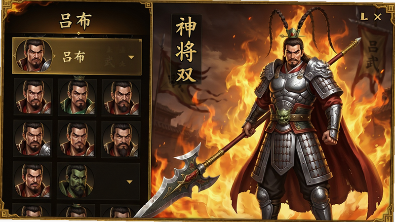百战无双神将系统界面,左侧显示武将列表,右侧中央是吕布全身立绘,身穿银甲手持方天画戟,背景火焰涌动,界面采用金色边框,风格国风写实,画质高清,布局左右分栏,文字“神将”和“吕布”清晰可见,干净无多余元素