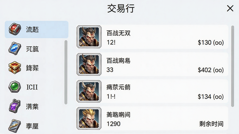 百战无双交易行界面,左侧是道具分类,右侧是商品列表,每件商品显示图标、名称、价格和剩余时间,风格简洁明亮,布局清晰,文字“交易行”位于顶部,干净无多余元素