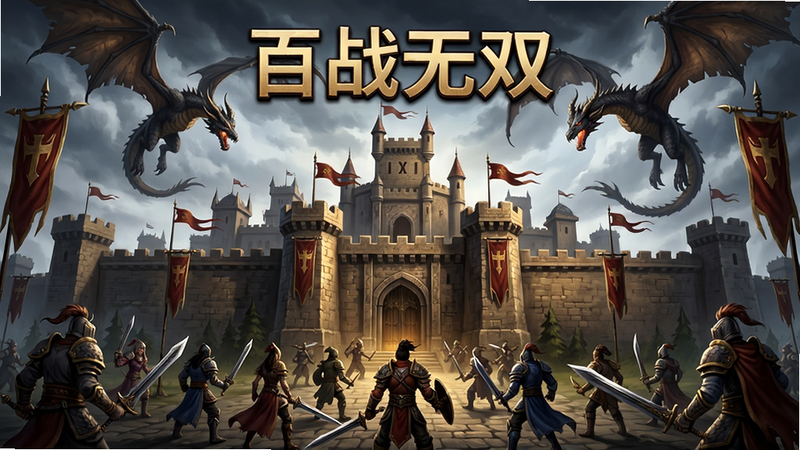 一幅展示百战无双游戏主城场景的宣传图,画面中央是宏伟的沙巴克城,城墙上旗帜飘扬,周围有众多手持武器的玩家角色,天空中有巨龙盘旋,整体风格为经典传奇暗黑魔幻风,画质高清,布局饱满,文字“百战无双”位于上方居中,干净无多余元素
