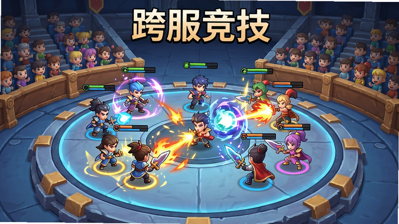 百战无双跨服竞技场场景,多个玩家角色在圆形竞技台上释放技能,特效绚丽,四周有观众席,风格卡通风,色彩鲜艳,画质流畅,布局中心对称,文字“跨服竞技”在顶部,干净无多余元素