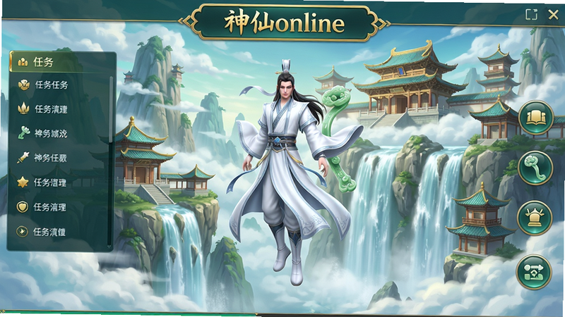 主体:神仙online游戏主界面全景展示,中央悬浮着一位白衣飘飘的仙侠角色,周围环绕着云雾缭绕的仙山与飞檐楼阁。布局:角色居中,背景为动态的仙宫与瀑布,左侧有任务列表,右侧有功能按钮。排版:采用纵向全屏构图,画面比例16:9,文字标题“神仙online”置于顶部金色边框内。风格:中国古典仙侠,3D渲染,色彩以青绿、金色、白色为主,光影柔和。细节:角色衣摆飘动,瀑布水流动态,按钮图标为玉如意造型。画质:4K超清,无多余元素,干净整洁。