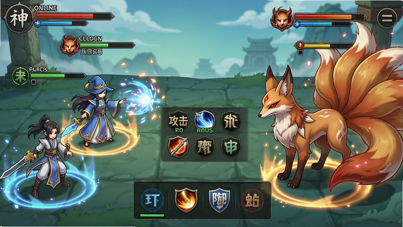 主体:神仙online回合制战斗场景截图,左侧是玩家队伍(包括剑仙、法师、奶妈),右侧是敌方BOSS(一只巨大的九尾狐)。布局:双方角色对峙,中间显示战斗指令菜单(攻击、技能、防御等)。排版:采用横向宽屏构图,角色脚下有圆形光环,上方显示血条和怒气条。风格:日系卡通渲染结合国风元素,色彩鲜艳,特效华丽。细节:技能释放时带有光效和粒子,九尾狐尾巴摆动。画质:高清,无多余UI干扰,干净利落。