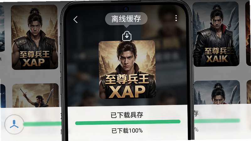 手机界面显示至尊兵王APP的下载页面,显示“已下载100%”进度条,背景有小说封面缩略图,风格现代,画质清晰,顶部有“离线缓存”标签,布局简洁,无多余元素
