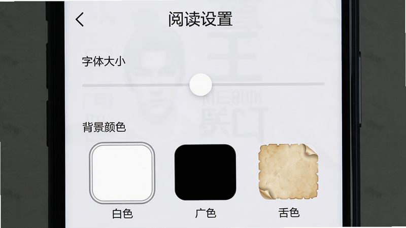 一个手机屏幕显示至尊兵王APP的设置页面,有字体大小滑动条、背景颜色选择器(如白色、黑色、羊皮纸色),界面设计简洁,选项排列整齐,风格扁平化,细节有当前字体预览,画质高清,顶部标题“阅读设置”清晰可见