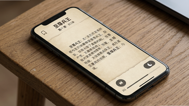 一部智能手机平放在桌面上,屏幕展示“至尊兵王”APP的阅读界面,页面中央显示小说正文段落,字体清晰,背景为米黄色仿纸质效果,顶部有书名和章节名,底部有翻页按钮和进度条,整体布局干净整洁,风格简约文艺,细节包括书签图标和夜间模式开关,画质高清,4K分辨率,无多余元素