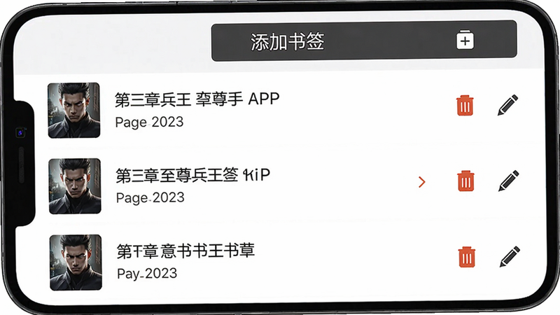 手机屏幕显示至尊兵王APP的书签管理页面,列表显示多个书签条目,每个书签带有章节名称和页码,顶部有“添加书签”按钮,整体布局清晰,风格简洁,细节有删除和编辑图标,画质干净,背景为白色
