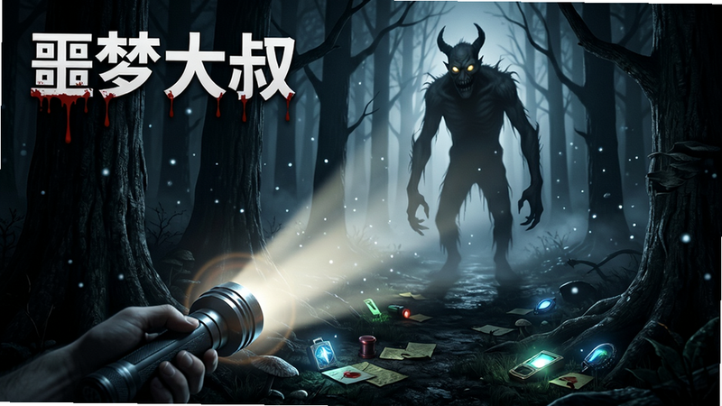 主体:游戏主界面截图,展现昏暗森林场景,主角手持手电筒照亮前方,远处一个高大扭曲的黑影(“噩梦大叔”)若隐若现,地面散落着发光的线索物品。布局:中心构图,手电筒光束从左下角射出,焦点在远景怪物。排版:画面左上角有游戏Logo“噩梦大叔”四个字,白色带血迹字体。风格:写实恐怖,高对比度明暗,偏冷色调。细节:树木纹理、雾气粒子、手电筒光晕。画质:4K超清,无多余元素,干净利落。
