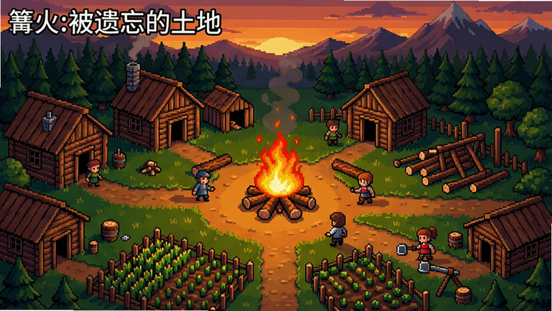 主体:篝火:被遗忘的土地 整体游戏场景,中心是一个燃烧的篝火,周围是木屋、农田、伐木场等建筑,远处有森林和山脉,天空呈现黄昏色调。布局:全景俯视视角,建筑错落有致,人物忙碌走动。排版:画面饱满,篝火占据视觉中心。风格:像素手绘,色彩温暖明亮,细节丰富。画质:高分辨率,干净清晰,无多余元素,游戏标题文字“篝火:被遗忘的土地”置于画面左上角。